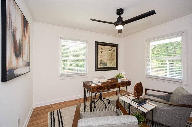 office area featuring ceiling fan and hardwood / wood-style flooring