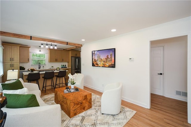 living room featuring ornamental molding and light hardwood / wood-style flooring