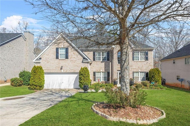 view of front of property featuring a garage, brick siding, concrete driveway, and a front lawn