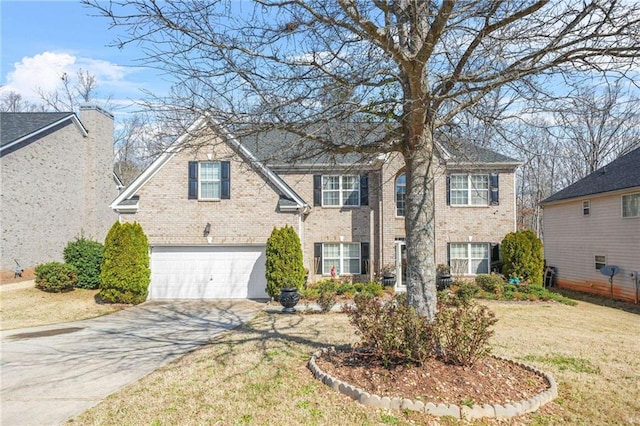 view of front facade with brick siding, an attached garage, driveway, and a front lawn