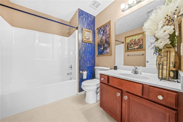 full bath with vanity, a textured ceiling, visible vents, shower / washtub combination, and toilet