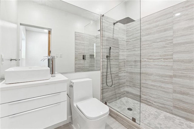 full bath with a walk in shower, toilet, and vanity