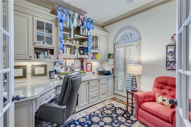 office area featuring french doors, light hardwood / wood-style flooring, and crown molding