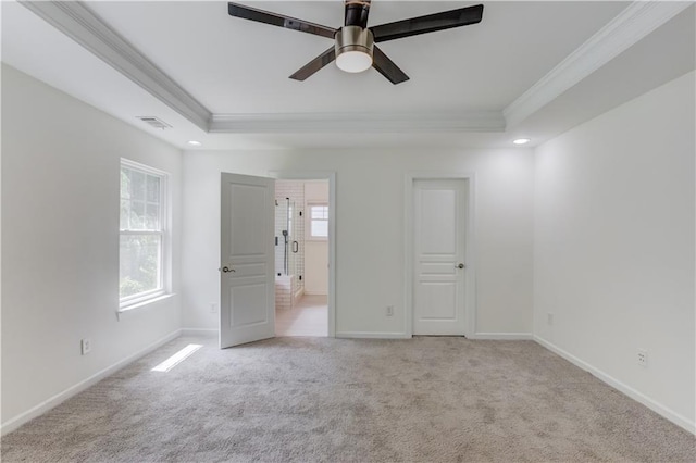 7653 Legacy Rd, Flowery Branch, GA 30542 - carpeted empty room featuring ornamental molding, a raised ceiling, ceiling fan, recessed lighting, and baseboards