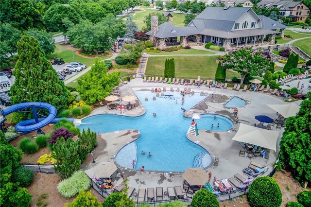 7653 Legacy Rd, Flowery Branch, GA 30542 - aerial view of property's location with a pool