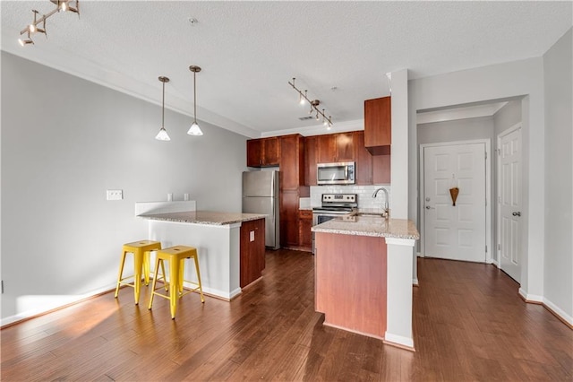 kitchen featuring decorative light fixtures, sink, kitchen peninsula, stainless steel appliances, and dark wood-type flooring