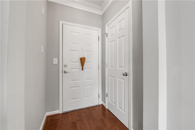 doorway featuring ornamental molding and dark hardwood / wood-style floors