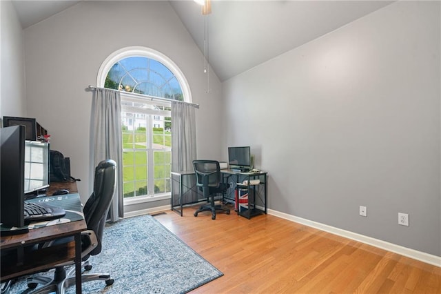 244 Bryn Brooke Dr, Dawsonville, GA 30534 - home office with wood finished floors, high vaulted ceiling, and baseboards