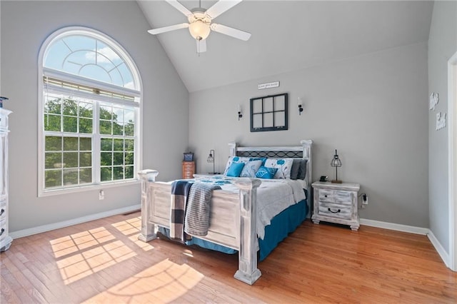 244 Bryn Brooke Dr, Dawsonville, GA 30534 - bedroom featuring light wood-style flooring, baseboards, high vaulted ceiling, and a ceiling fan