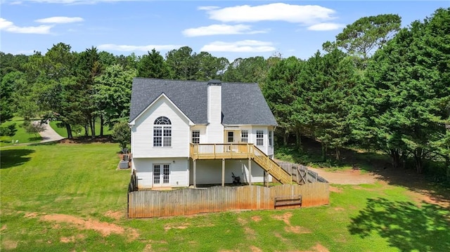244 Bryn Brooke Dr, Dawsonville, GA 30534 - back of house featuring a wooden deck, a lawn, a chimney, and stairs
