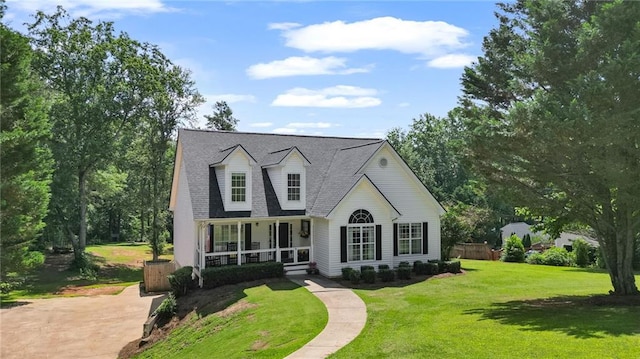 244 Bryn Brooke Dr, Dawsonville, GA 30534 - cape cod house with covered porch, a front lawn, and a shingled roof