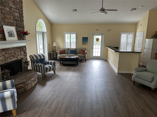 2191 Rockbridge Rd Unit 2603, Stone Mountain, GA 30087 - living area featuring a ceiling fan, lofted ceiling, dark wood-style flooring, baseboards, and a textured ceiling