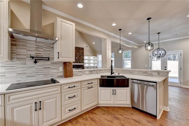 kitchen featuring stainless steel dishwasher, ornamental molding, wall chimney exhaust hood, black electric cooktop, and a sink