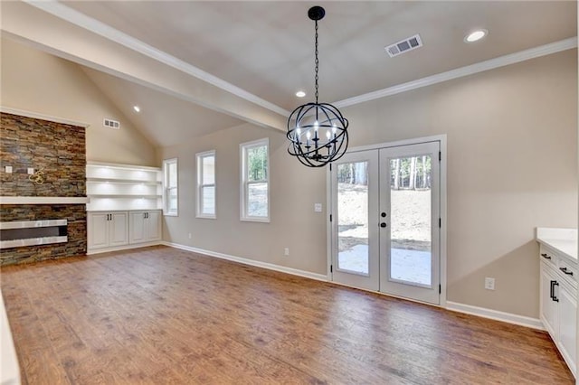 doorway featuring an inviting chandelier, french doors, recessed lighting, and visible vents