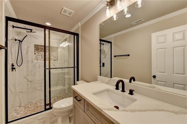 full bathroom with visible vents, a marble finish shower, crown molding, and toilet