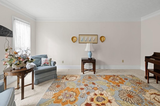 living room with light carpet and crown molding