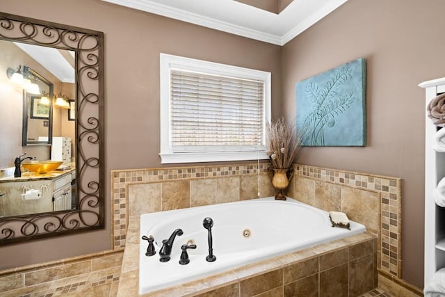 bathroom featuring vanity, a relaxing tiled tub, and crown molding