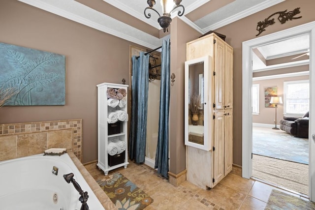 bathroom with tile patterned flooring, crown molding, a notable chandelier, and plus walk in shower