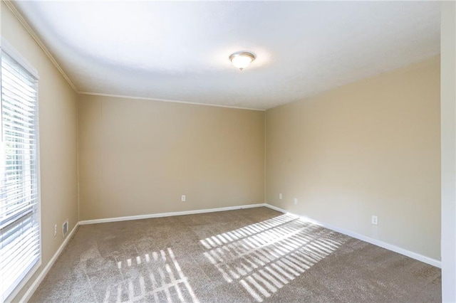 carpeted empty room with ornamental molding and a wealth of natural light