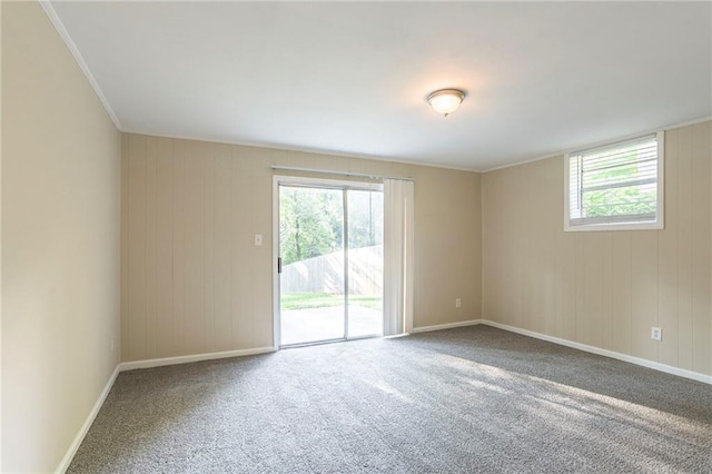 unfurnished room featuring a wealth of natural light, carpet, and crown molding