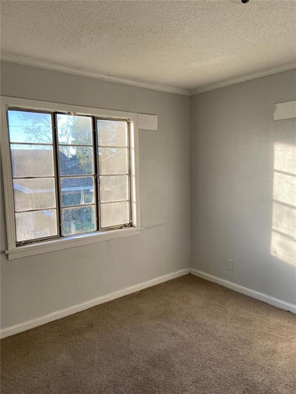 carpeted empty room with a textured ceiling and a healthy amount of sunlight