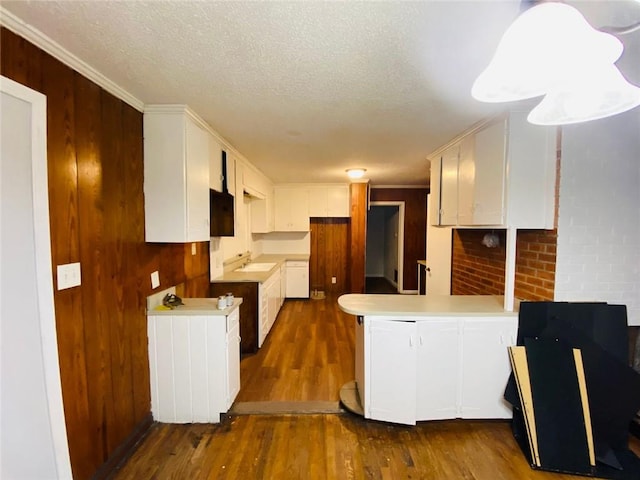 kitchen with sink, dark wood-type flooring, a textured ceiling, white cabinets, and ornamental molding