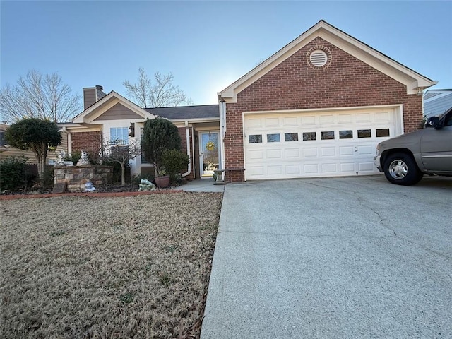 single story home with driveway, a garage, a chimney, and brick siding