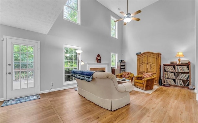 190 Crestworth Ct, Powder Springs, GA 30127 - living area with high vaulted ceiling, healthy amount of natural light, ceiling fan, light wood-style floors, and baseboards