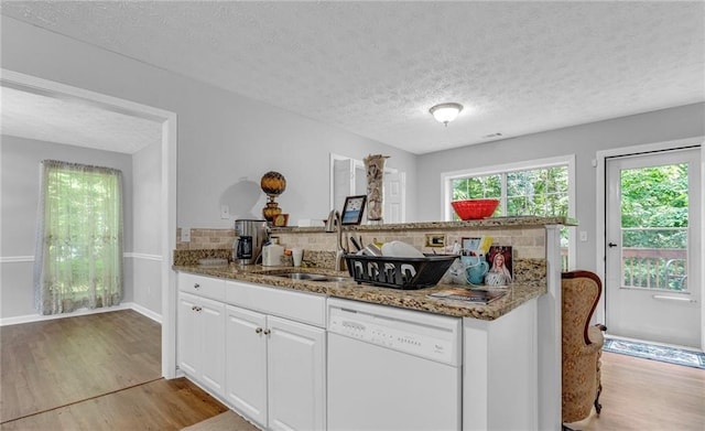 190 Crestworth Ct, Powder Springs, GA 30127 - kitchen featuring white dishwasher, a sink, light wood-style floors, light stone counters, and a textured ceiling