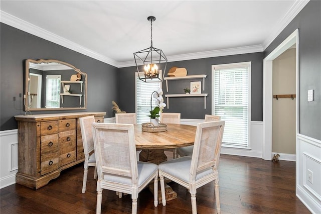 3710 Robinson Walk Ct, Marietta, GA 30068 - dining space with plenty of natural light, a chandelier, wainscoting, crown molding, and dark wood-style floors