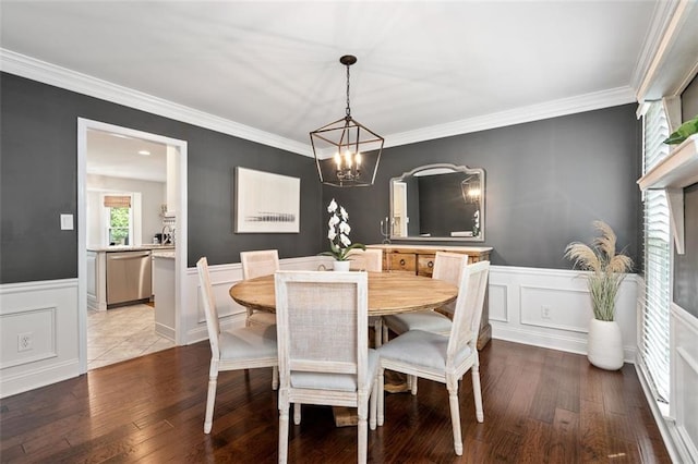 3710 Robinson Walk Ct, Marietta, GA 30068 - dining area with a chandelier, ornamental molding, hardwood / wood-style flooring, a wainscoted wall, and a decorative wall