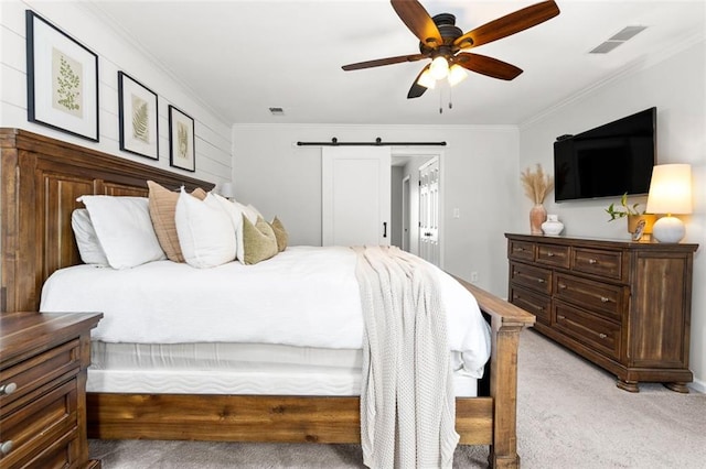3710 Robinson Walk Ct, Marietta, GA 30068 - bedroom featuring light colored carpet, crown molding, a barn door, and a ceiling fan