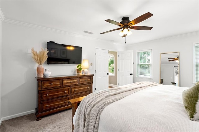 3710 Robinson Walk Ct, Marietta, GA 30068 - bedroom with baseboards, light colored carpet, ornamental molding, and a ceiling fan