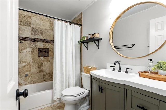 3710 Robinson Walk Ct, Marietta, GA 30068 - bathroom featuring ornamental molding, toilet, vanity, and shower / bath combo with shower curtain