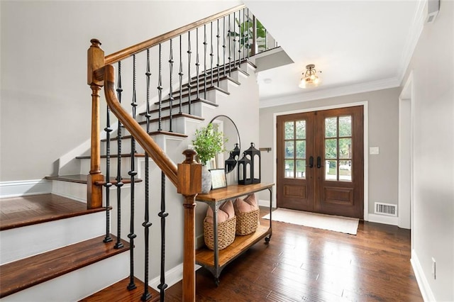 3710 Robinson Walk Ct, Marietta, GA 30068 - entrance foyer featuring french doors, ornamental molding, baseboards, stairway, and wood finished floors