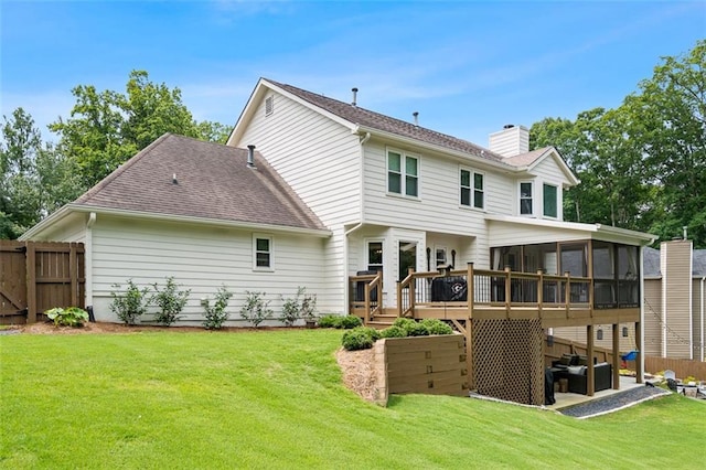 3710 Robinson Walk Ct, Marietta, GA 30068 - back of house with a sunroom, outdoor lounge area, a wooden deck, a chimney, and a patio