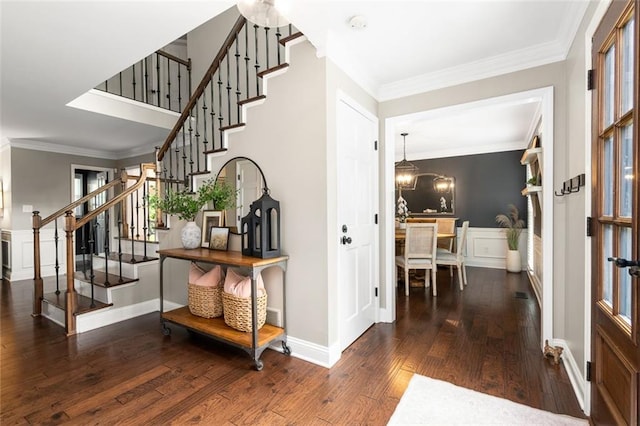 3710 Robinson Walk Ct, Marietta, GA 30068 - entryway featuring stairway, hardwood / wood-style floors, ornamental molding, a chandelier, and a decorative wall