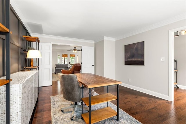 3710 Robinson Walk Ct, Marietta, GA 30068 - office with ornamental molding, dark wood finished floors, baseboards, and a ceiling fan