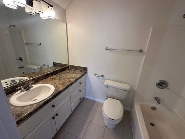 full bathroom featuring shower / tub combination, tile patterned floors, vanity, and toilet