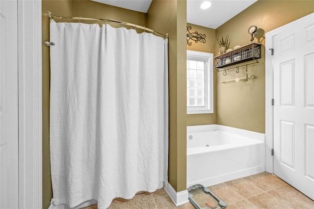 930 Brenau Point Dr, Gainesville, GA 30501 - bathroom with a garden tub, tile patterned floors, and a shower with curtain
