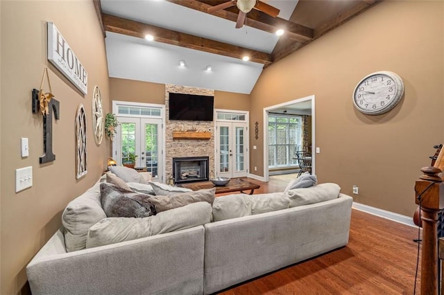 930 Brenau Point Dr, Gainesville, GA 30501 - living area with french doors, a ceiling fan, baseboards, beam ceiling, and wood finished floors