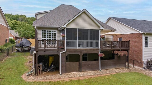 930 Brenau Point Dr, Gainesville, GA 30501 - rear view of property with a sunroom, a shingled roof, a gate, and a wooden deck