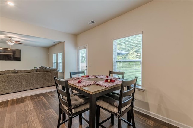 dining area featuring ceiling fan, dark hardwood / wood-style flooring, and a wealth of natural light