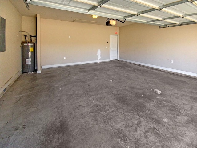 garage with a garage door opener and water heater