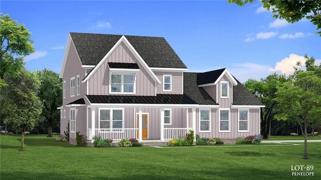 view of front of home featuring a front yard, covered porch, board and batten siding, and roof with shingles