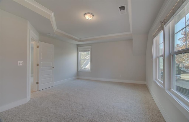 unfurnished room featuring a tray ceiling, baseboards, and carpet floors