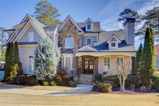 view of front of house featuring stone siding, a chimney, metal roof, a standing seam roof, and french doors