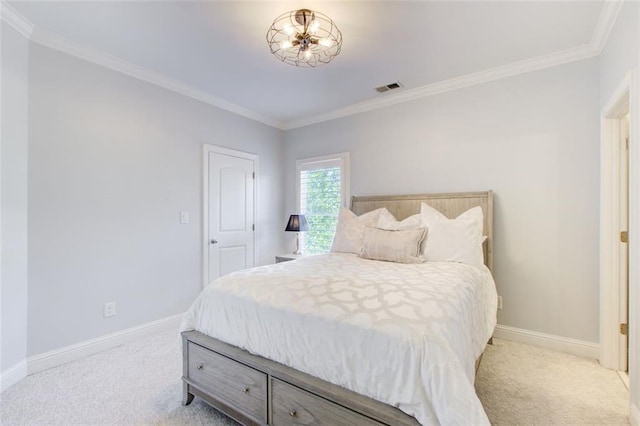 bedroom featuring baseboards, ornamental molding, visible vents, and light colored carpet