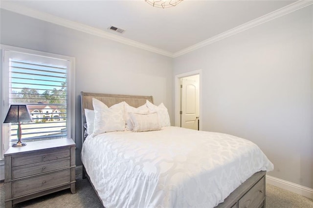 bedroom featuring crown molding, visible vents, dark carpet, and baseboards