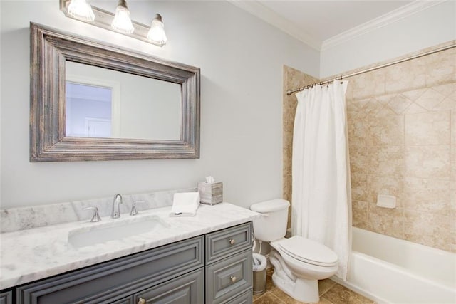 bathroom featuring toilet, tile patterned floors, shower / bathtub combination with curtain, crown molding, and vanity